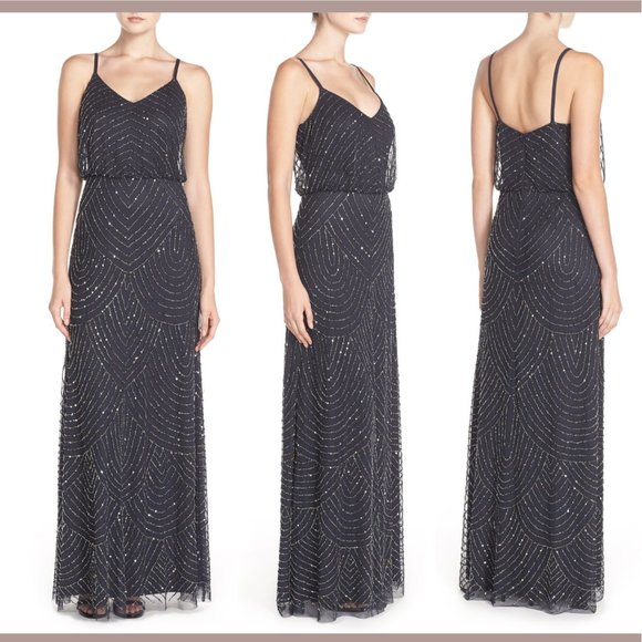 NEW Adrianna Papell Art Deco Beaded Blouson Gown in Charcoal [SZ 4‎ ] - Picture 1 of 7